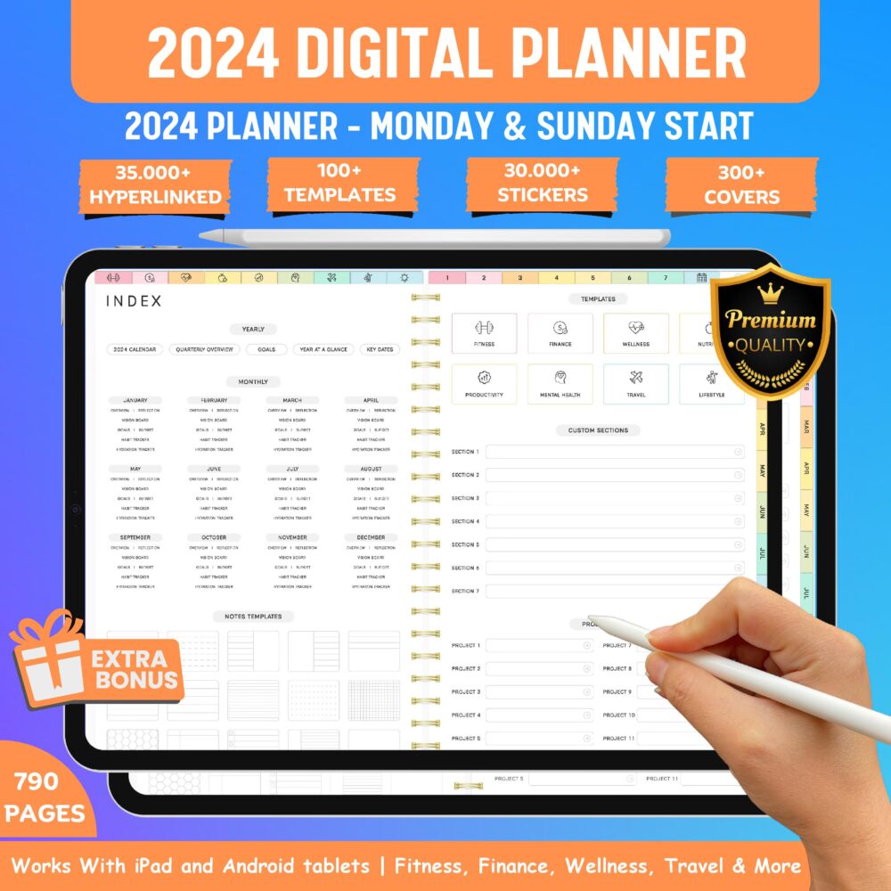 Elegant cover page of the 2024 Digital Planner with Monday & Sunday start.