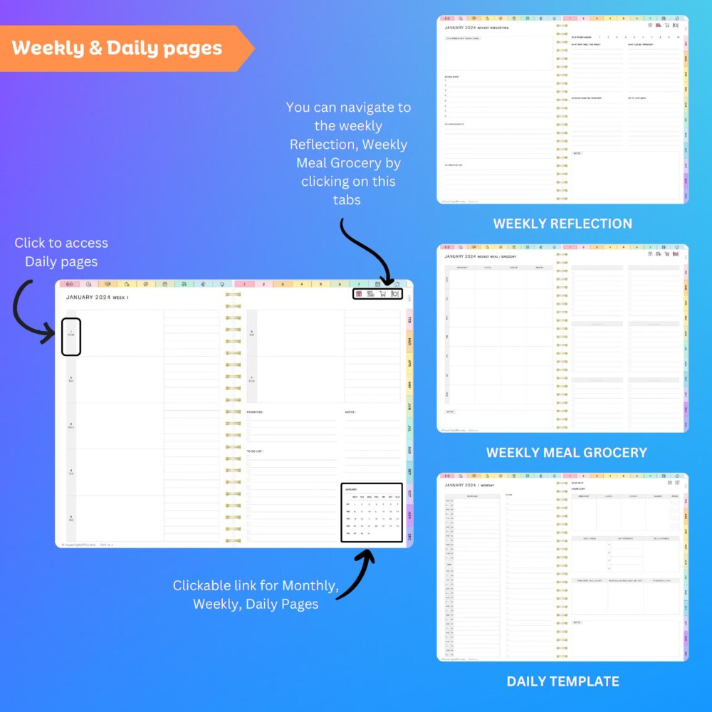 View of the notes section with Monday start in the 2024 Digital Planner.