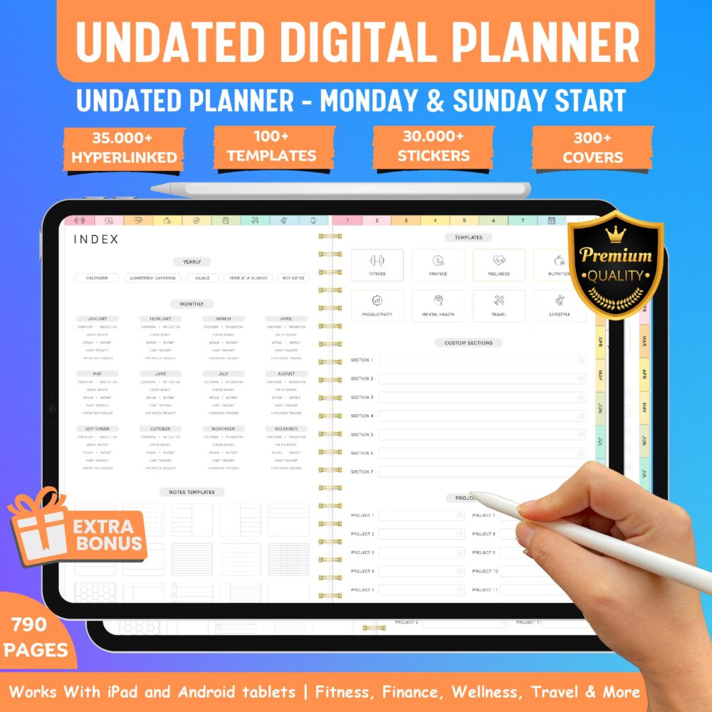 Front cover of the Undated Digital Planner featuring Monday & Sunday start options.