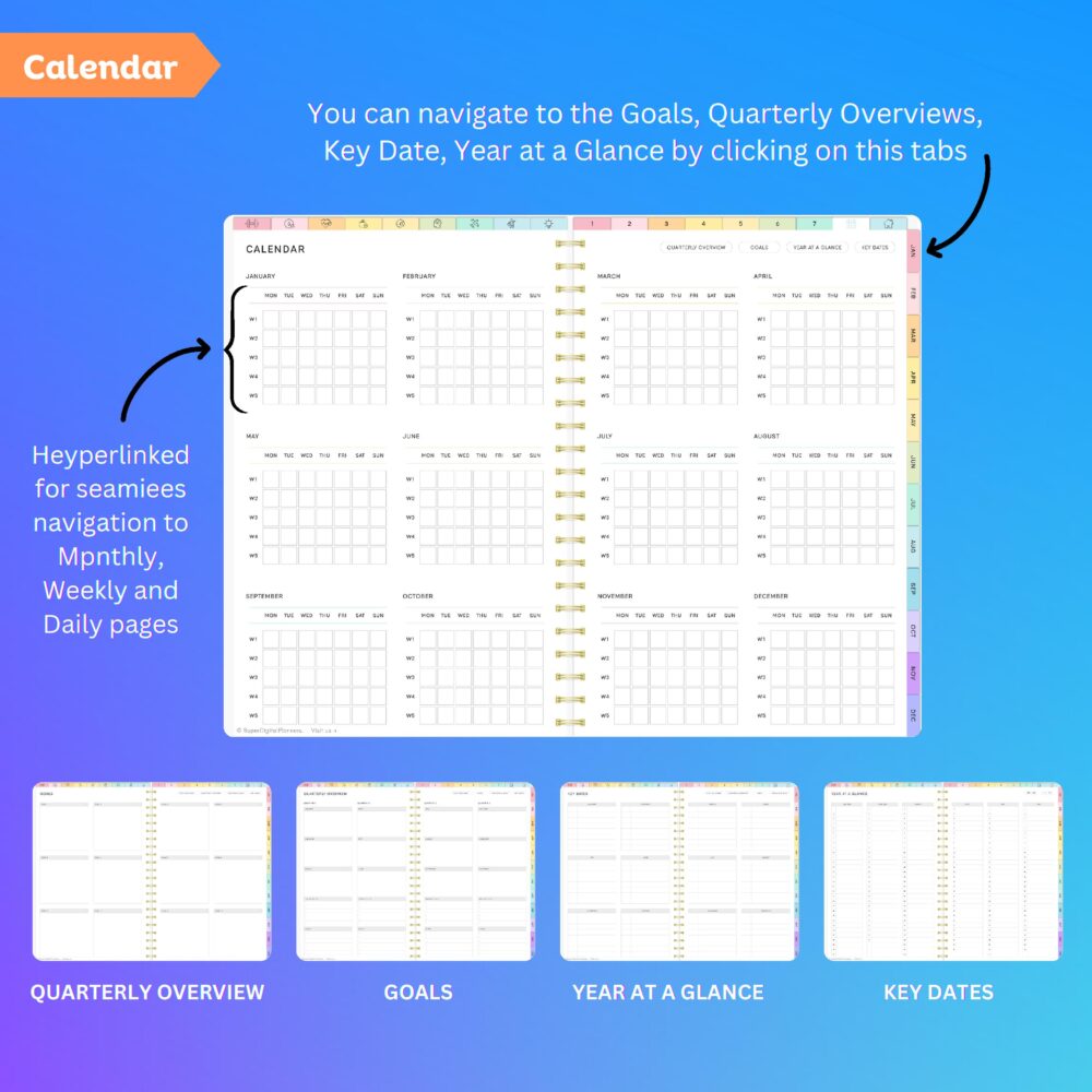 Clean layout of the monthly overview with Monday & Sunday start in the Undated Digital Planner.